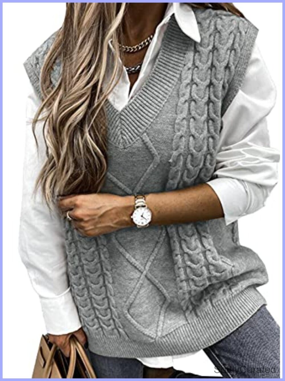 Oversized Cable Knit Sweater Vest V Neck Sleeveless Pullover Layering Top